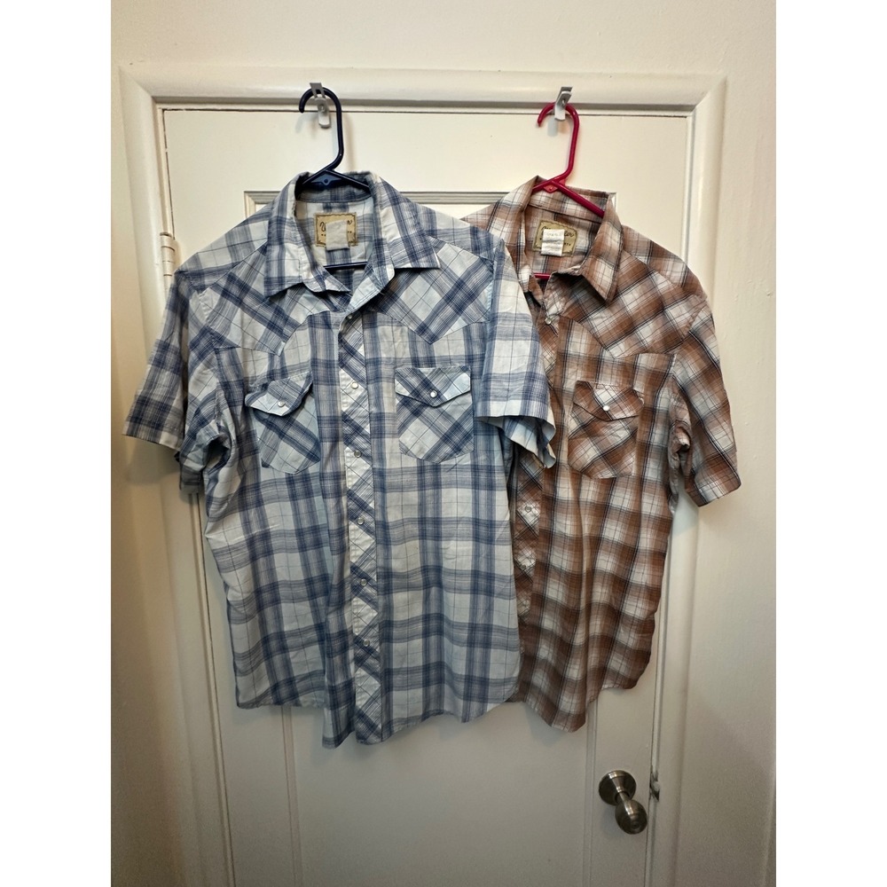 1970's TWO Wrangler Western Shirts Mens L Plaid Pearl Snap Short Sleeve Blue Tan